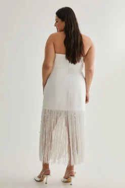 Midi Dresses*NastyGal Plus Premium Pearl Fringe Midi Dress ivory