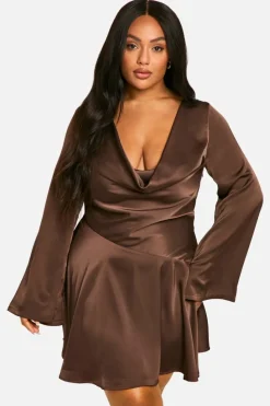 Skater Dresses|Mini Dresses*boohoo Plus Premium Satin Cowl Neck Skater Dress chocolate