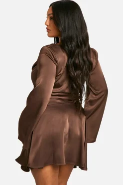 Skater Dresses|Mini Dresses*boohoo Plus Premium Satin Cowl Neck Skater Dress chocolate