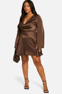 Skater Dresses|Mini Dresses*boohoo Plus Premium Satin Cowl Neck Skater Dress chocolate