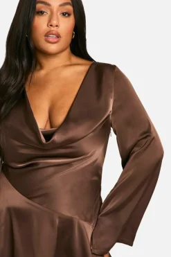 Skater Dresses|Mini Dresses*boohoo Plus Premium Satin Cowl Neck Skater Dress chocolate