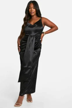 Cami Dresses|Maxi Dresses*boohoo Plus Premium Satin Cowl Ruched Drape Detail Cami Maxi Dress black