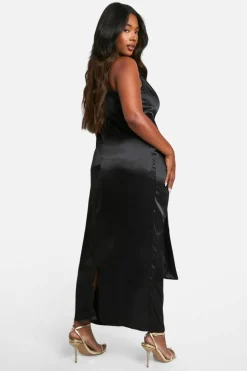 Cami Dresses|Maxi Dresses*boohoo Plus Premium Satin Cowl Ruched Drape Detail Cami Maxi Dress black