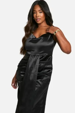 Cami Dresses|Maxi Dresses*boohoo Plus Premium Satin Cowl Ruched Drape Detail Cami Maxi Dress black