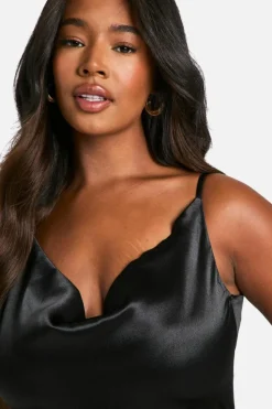 Cami Dresses|Maxi Dresses*boohoo Plus Premium Satin Cowl Ruched Drape Detail Cami Maxi Dress black