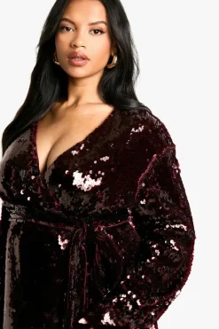 Wrap Dresses|Mini Dresses*boohoo Plus Premium Sequin Wrap Dress malbec
