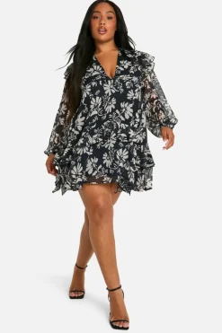 Skater Dresses|Mini Dresses*boohoo Plus Printed Crinkle Chiffon Ruffle Smock Dress black
