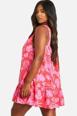 Smock Dresses*boohoo Plus Printed Frill Hem Mini Dress red