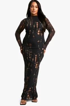 Maxi Dresses*boohoo Plus Printed Mesh Long Sleeve Maxi Dress black