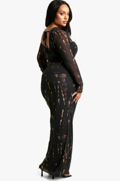 Maxi Dresses*boohoo Plus Printed Mesh Long Sleeve Maxi Dress black