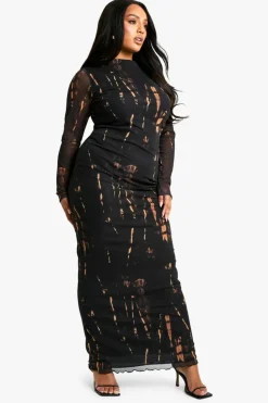 Maxi Dresses*boohoo Plus Printed Mesh Long Sleeve Maxi Dress black