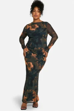 Bodycon Dresses|Maxi Dresses*boohoo Plus Printed Mesh Low Back Maxi Dress multi