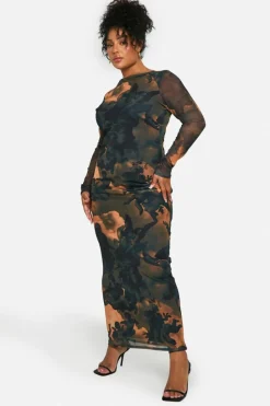 Bodycon Dresses|Maxi Dresses*boohoo Plus Printed Mesh Low Back Maxi Dress multi
