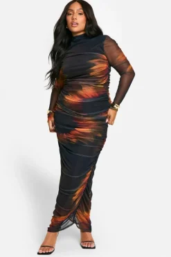 Maxi Dresses*boohoo Plus Printed Mesh Ruched Maxi Dress orange