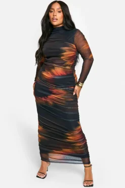 Maxi Dresses*boohoo Plus Printed Mesh Ruched Maxi Dress orange
