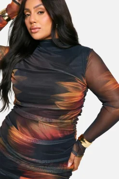 Maxi Dresses*boohoo Plus Printed Mesh Ruched Maxi Dress orange