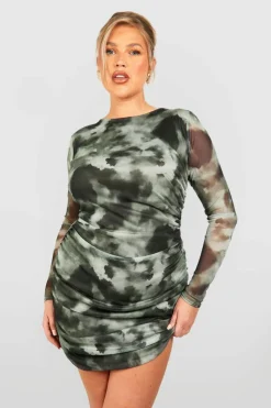 Mini Dresses|Long Sleeve Dresses*boohoo Plus Printed Ruched Bodycon Dress khaki