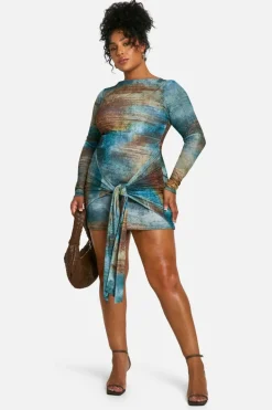 Bodycon Dresses|Mini Dresses*boohoo Plus Printed Tie Front Mesh Mini Dress green