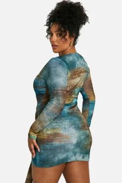 Bodycon Dresses|Mini Dresses*boohoo Plus Printed Tie Front Mesh Mini Dress green