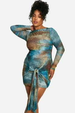 Bodycon Dresses|Mini Dresses*boohoo Plus Printed Tie Front Mesh Mini Dress green