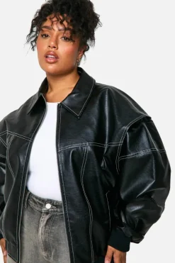 Up To 80% Off Winter Warmers|Bomber Jackets*boohoo Plus Pu Contrast Stitch Oversized Bomber Jacket black