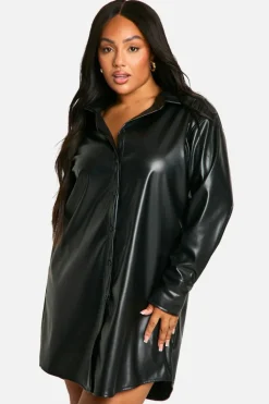 Shirt Dresses*boohoo Plus Pu Pocket Shirt Dress black