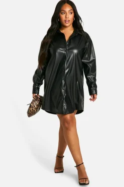 Shirt Dresses*boohoo Plus Pu Pocket Shirt Dress black