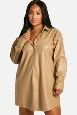 Shirt Dresses*boohoo Plus Pu Pocket Shirt Dress light stone