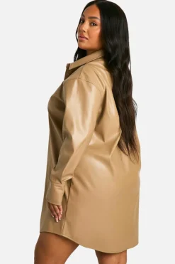 Shirt Dresses*boohoo Plus Pu Pocket Shirt Dress light stone
