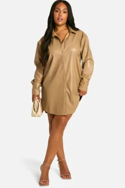 Shirt Dresses*boohoo Plus Pu Pocket Shirt Dress light stone