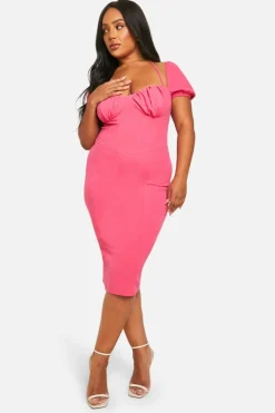 Bodycon Dresses|Midi Dresses*boohoo Plus Puff Sleeve Midi Dress hot pink