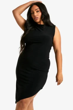 Midi Dresses*boohoo Plus Racer Asymmetric hem Midi Dress black