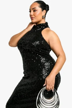 Bodycon Dresses*boohoo Plus Racer Neck Disk Sequin Midaxi Dress black