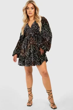 Skater Dresses|Mini Dresses*boohoo Plus Rainbow Sequin Blouson Skater Dress black