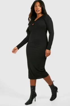 Midi Dresses*boohoo Plus Rib Key Hole Detail Long Sleeve Midi Dress black