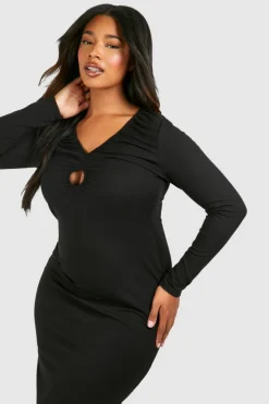 Midi Dresses*boohoo Plus Rib Key Hole Detail Long Sleeve Midi Dress black