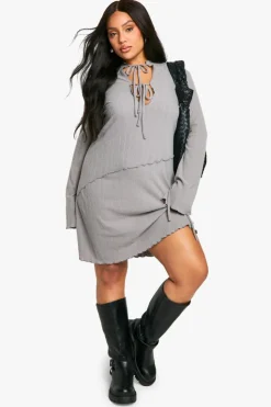Skater Dresses*boohoo Plus Rib Keyhole Tie Detail Shift Dress grey