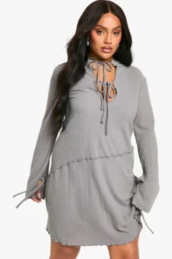 Skater Dresses*boohoo Plus Rib Keyhole Tie Detail Shift Dress grey