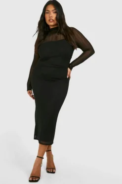 Midi Dresses*boohoo Plus Rib Mesh Long Sleeve Midi Dress black