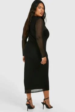 Midi Dresses*boohoo Plus Rib Mesh Long Sleeve Midi Dress black
