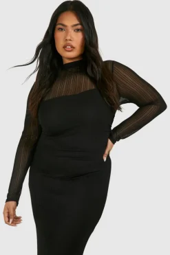 Midi Dresses*boohoo Plus Rib Mesh Long Sleeve Midi Dress black