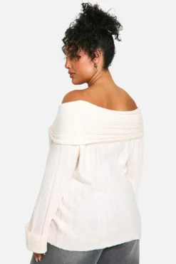 Jumpers|Jumpers & Cardigans*boohoo Plus Rib Neckline Bardot Longline Jumper ecru