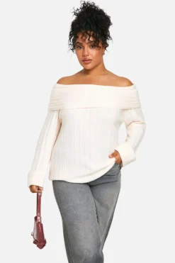 Jumpers|Jumpers & Cardigans*boohoo Plus Rib Neckline Bardot Longline Jumper ecru