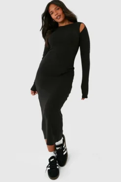 Midi Dresses*boohoo Plus Ribbed Cut Out Detail Midi Dress black