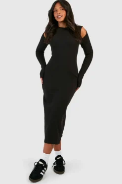 Midi Dresses*boohoo Plus Ribbed Cut Out Detail Midi Dress black