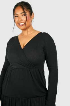Wrap Dresses*boohoo Plus Ribbed Tiered Wrap Dress black