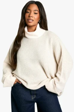 Jumpers|Jumpers & Cardigans*boohoo Plus Roll Neck Longline Batwing Jumper cream