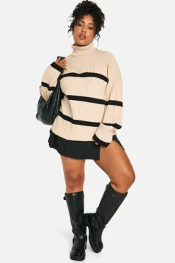 Jumpers*boohoo Plus Roll Neck Thick Rib Stripe Jumper camel