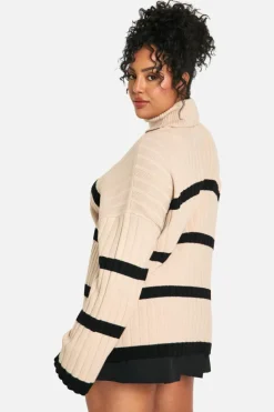 Jumpers*boohoo Plus Roll Neck Thick Rib Stripe Jumper camel