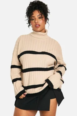 Jumpers*boohoo Plus Roll Neck Thick Rib Stripe Jumper camel